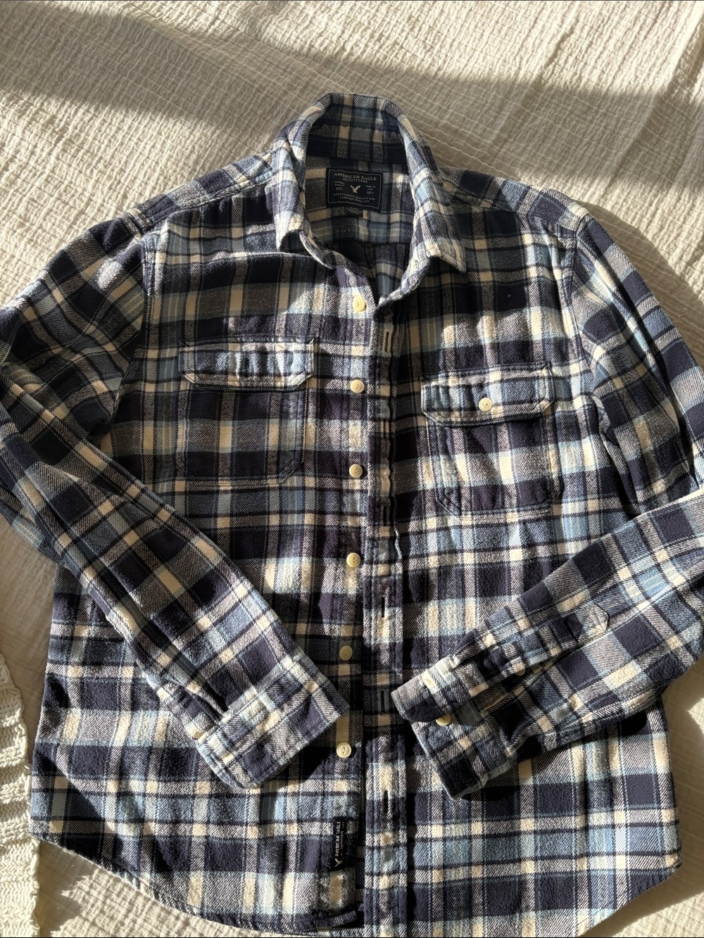 American Eagle Outfitters Navy and White Plaid Button-Down Shirt